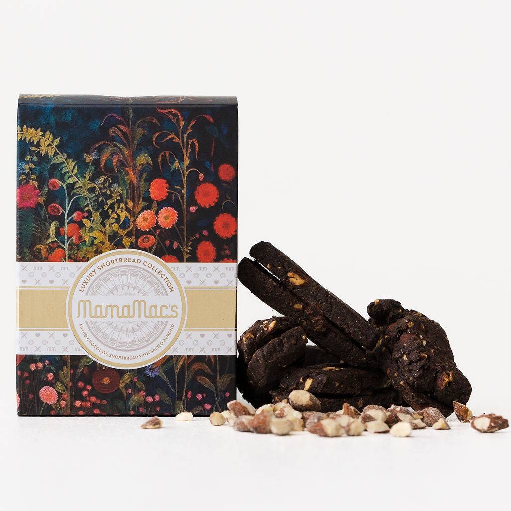 Luxury Shortbread Collection featuring chocolate shortbread with salted almonds, presented in an elegant floral gift box. Perfect for gifting.