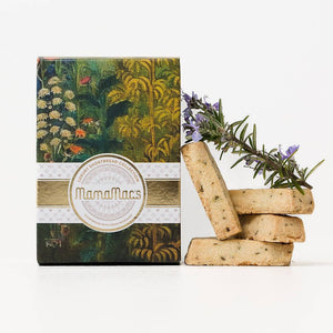 Luxury Shortbread Collection Fresh Rosemary in elegant packaging with stacked shortbread biscuits and a sprig of fresh rosemary.