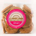 Load image into Gallery viewer, Packaged ginger biscuits by MamaMac&#39;s in a clear bag with a pink label, showcasing home-style, preservative-free cookies.
